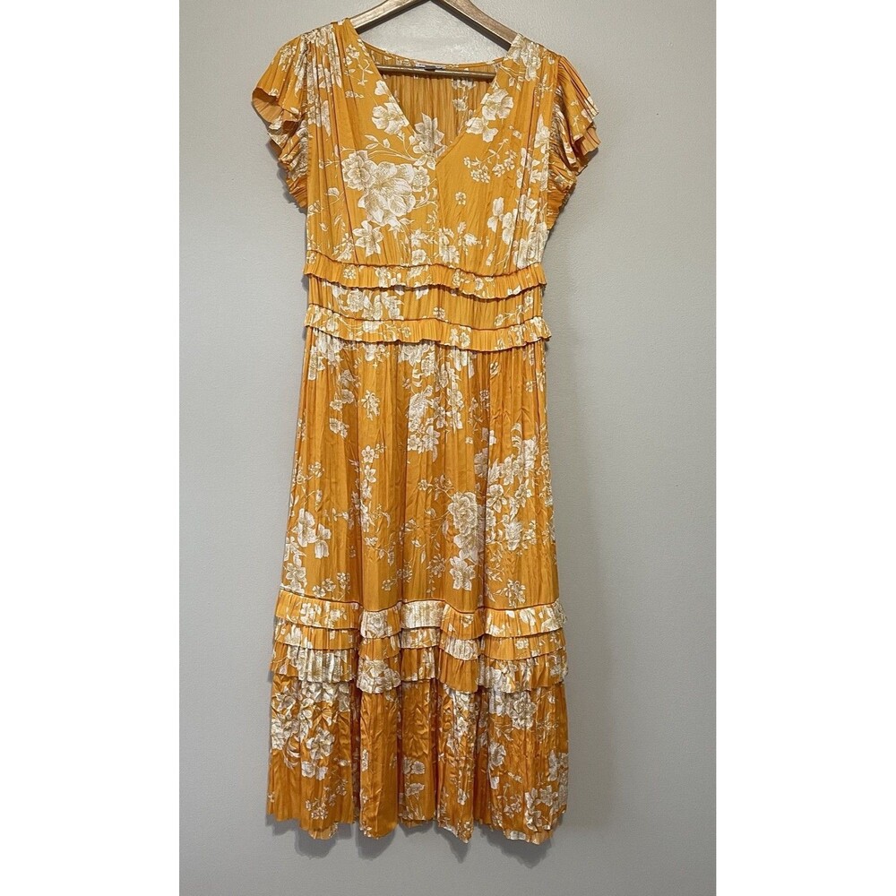 Current Air  Anthropologie M Yellow Floral Midi Ruffle Tier Dress Cottagecore
